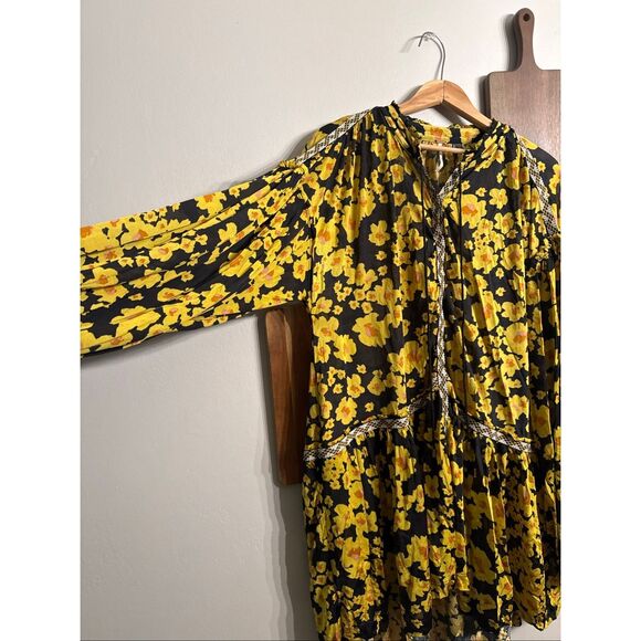 Free People Yellow Black Combo Floral Embroidered Love Letter Mini Dress Small - Picture 4 of 10